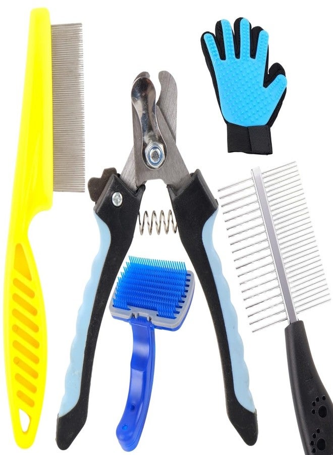 مجموعة أدوات العناية الاحترافية بالحيوانات الأليفة، تتضمن مقص أظافر للكلاب، وفرشاة ذاتية التنظيف، وقفاز للعناية، ومشط أصفر، مجموعة من 5 قطع للكلاب - Image 1